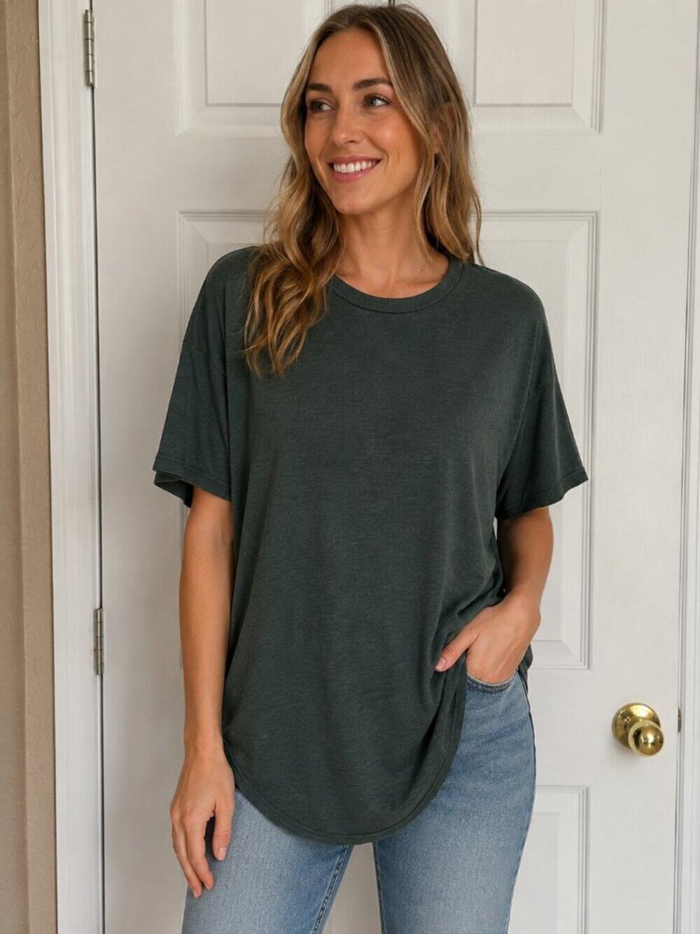 SHEIN Curve 1XL Olive Green Ruched Side Tunic Top Short Sleeve Plus Size Casual